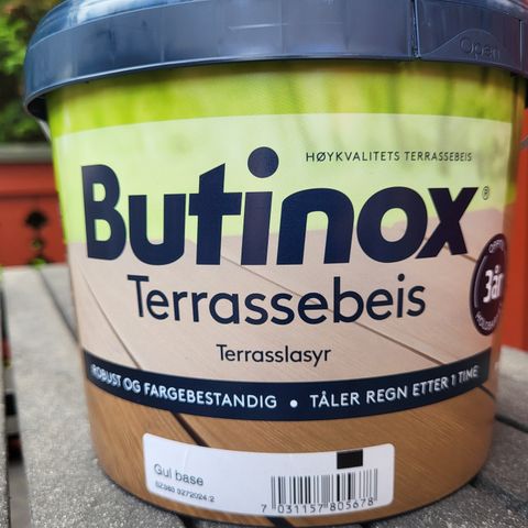 3 liter uåpnet Butinox terrassebeis furu selges