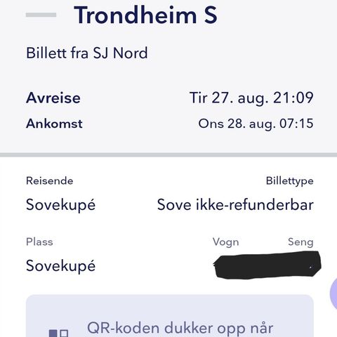 Togbillett sovekupe Bodø - Trondheim 27.08.2024