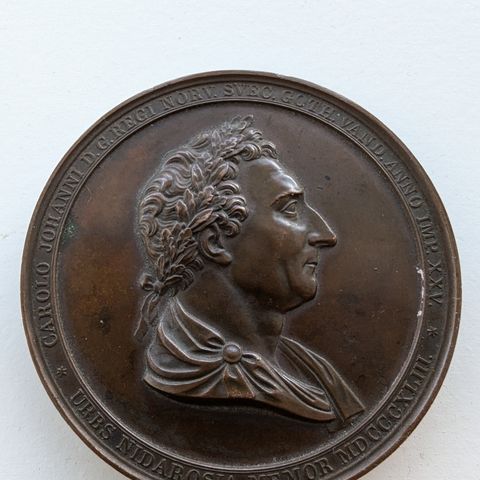 Carl XIV Johan. Kongens 25 års regjeringsjubileum 1843. Lundgren. Bronse. 60 mm