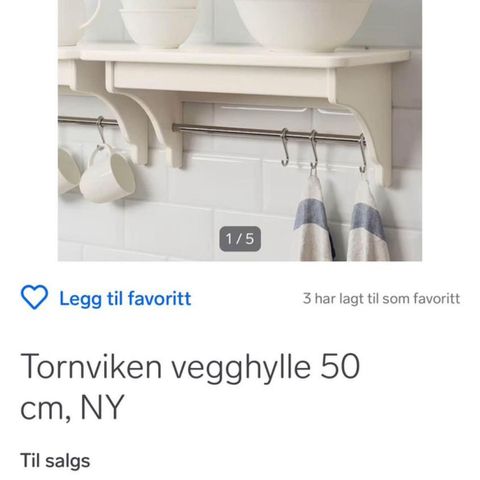 IKEA Tornviken vegghylle 50 cm med knagger