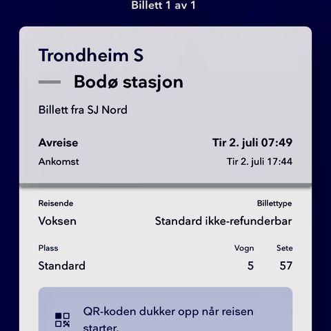 Togbillett Trondheim Bodø selges 2.7.