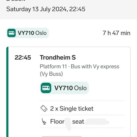 Selger to billetter Trondheim - Oslo. Lørdag 13.07.24