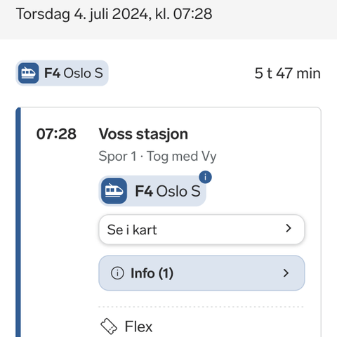 Togbillett Voss-Oslo 04.07