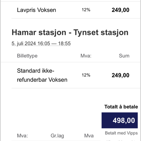 Togbillett Asker stasjon-Tynset stasjon fre 5. juli