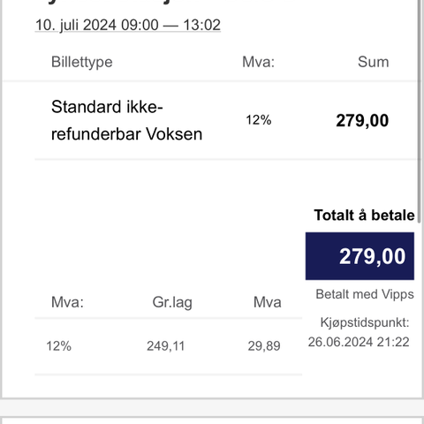 Togbillett Tynset-Oslo S (ons 10. juli)