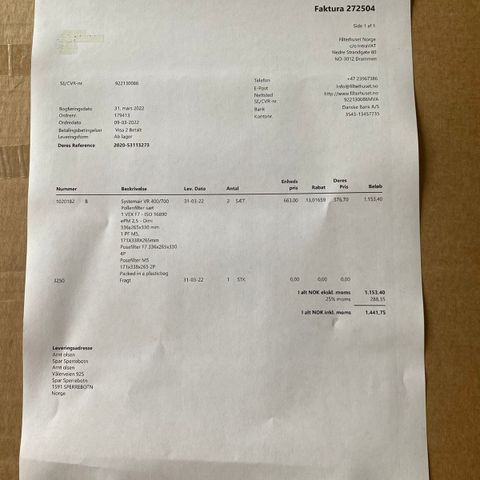 Filter til ventilasjonsanlegg  SystemairVR 400/700 pollenfilersett