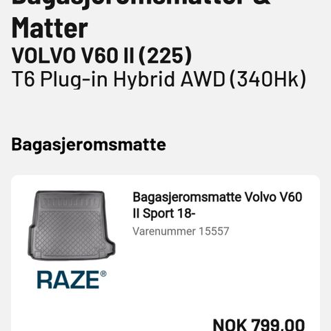 Bagasjeromsmatte til Volvo V60 II