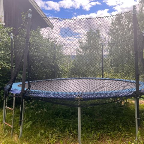 Stor trampoline med sikkerhetsnett og stige