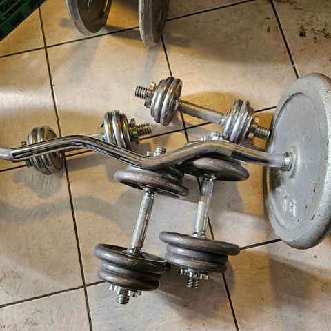 100 kg + vekter, manualer, EZ bar, stang osv.