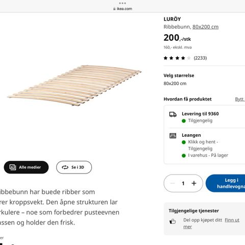Ikea Lurøy sengebunner 80 x 200, 2 stk nye