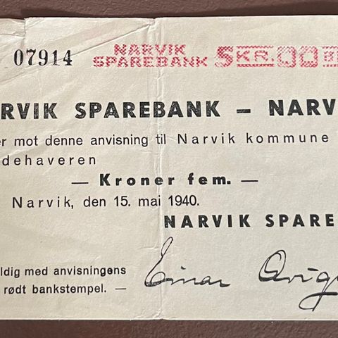 Narvik sparebank 5 kroner 1940 nødseddel