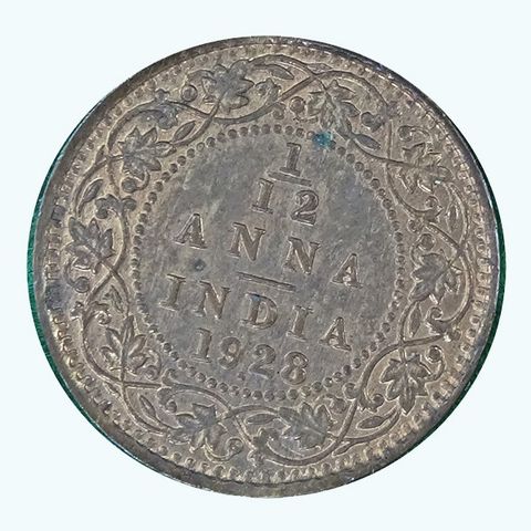 1/12 Anna India 1928. Pen og tydelig.  Bronsemynt.