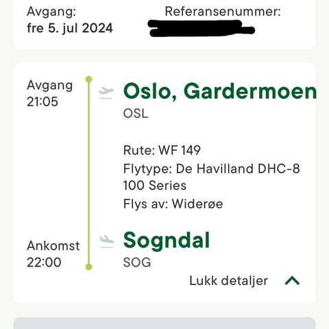 Flybillett tur/retur Oslo Gardermoen - Sogndal 5.-7. juli