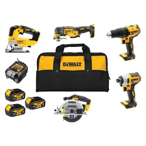 Dewalt 18v 5-pakk, drill, slagtrekker, sirkelsag, stikksag, multikutter, 3x4ah