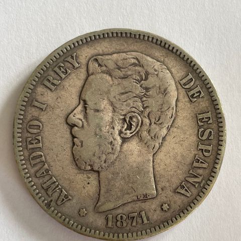 5 Pesetas 1871 Spania Sølvmynt