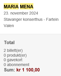 2 billetter til Maria Mena konsert i Stavanger 23. november 2024