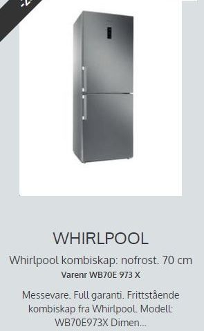 Whirlpool kombiskap: nofrost. 70 cm