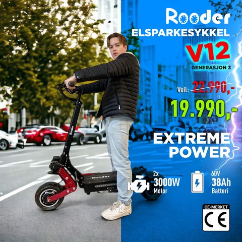 Rooder V12 - G3 El Sparkesykkel/ El scooter- 60V38AH- 2x3000 W - Kragerø