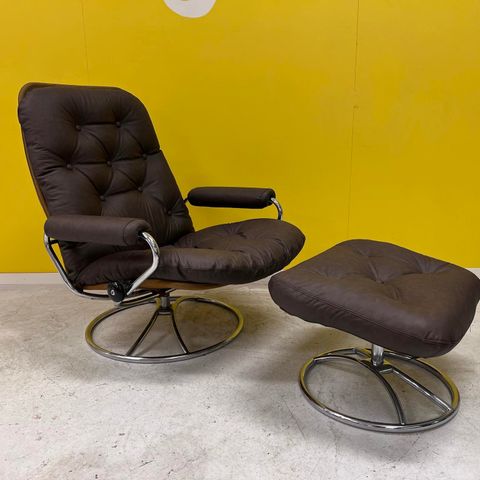 Omtrukket Stressless ORIGINAL 1971 med skammel i EKTE skinn