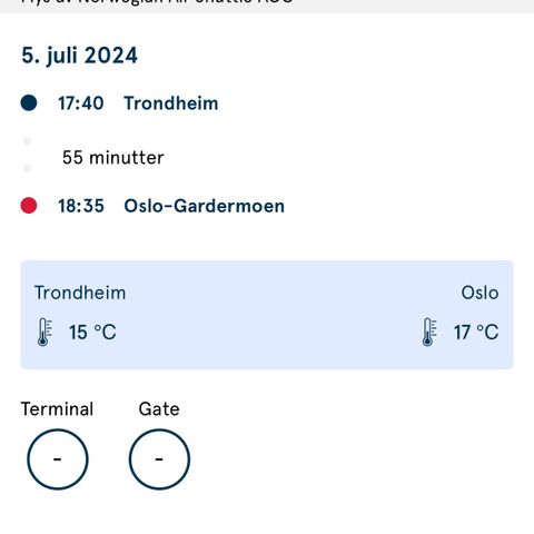 Flybillett Trondheim-Oslo 5. juli