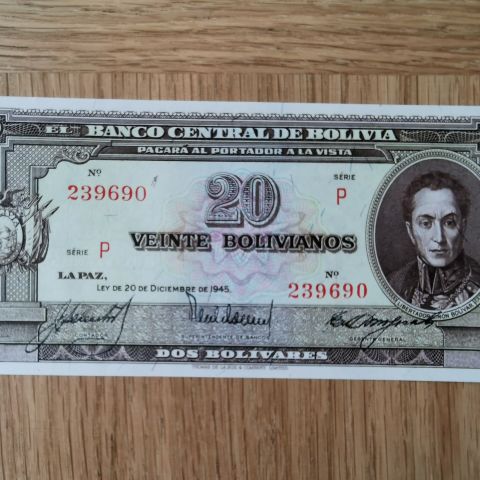 Bolivia 20 bolivianos, 1945, UNC