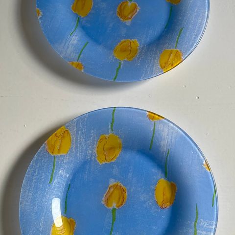 Nydelige blå tallerkener med gule tulipaner