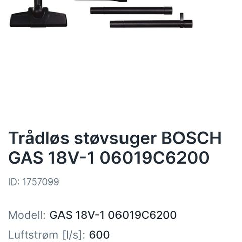 Bosch støvsuger uten  batteri