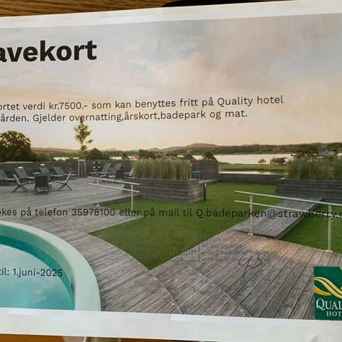 Gavekort verdi 7500,-  Quality hotel Skjærgården Langesund