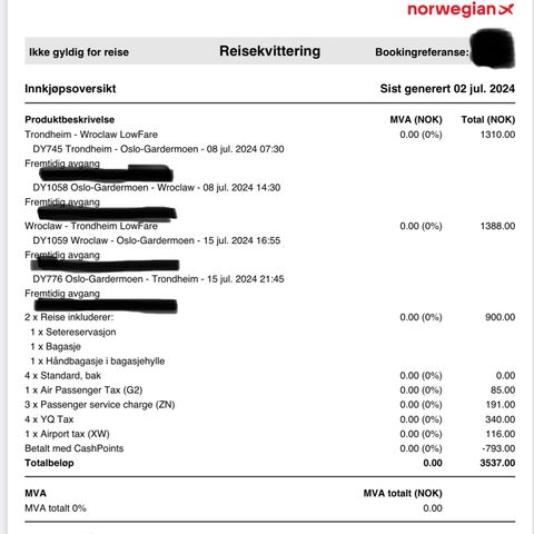 Flybillett Trondheim-Wroclaw t/r, 08. - 15.juli 2024