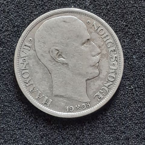 1 KRONE 1908 UP NORGE ** FIN SØLVMYNT **