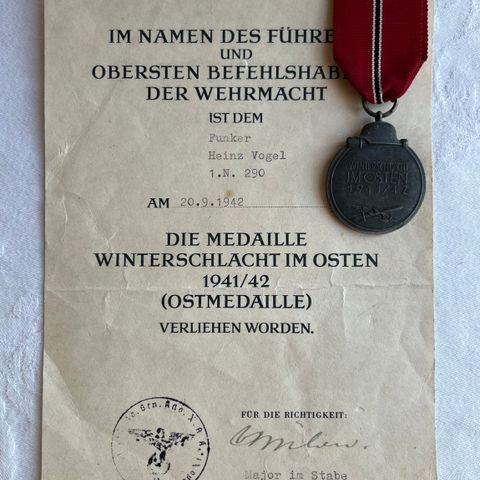 2. v.k. - «Winterschlacht im Osten 1941-42» m/ tildelingsbevis