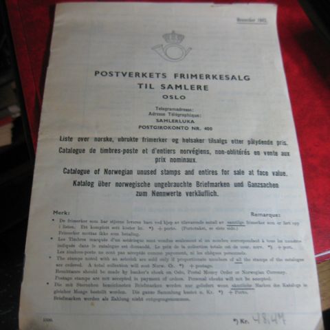 Postens Frimerkesalg til samlere  november 1943