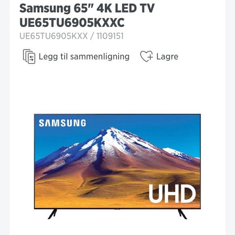 RESERVERT. Samsung 65" 4K LED TV UE65TU6905KXXC + LYDPLANKE/ANLEGG