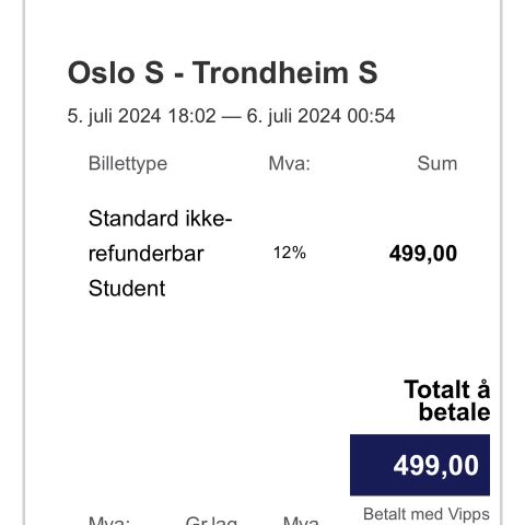 Togbillett fra Oslo til Trondheim 5. Juli Student