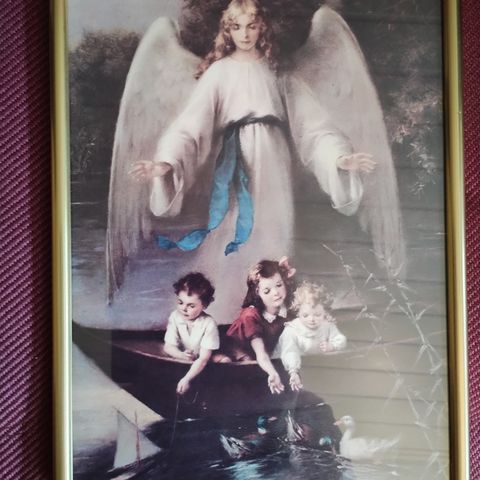 Nydelig bilde med engel/barn motiv - smal gullramme