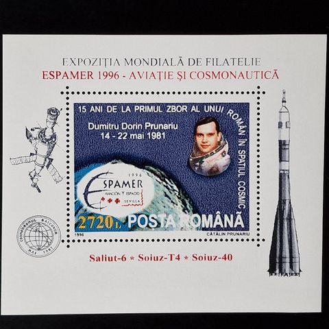 Romania 1996 romfart blokk - Soyuz T4, Salyut 6 skip