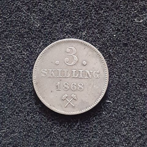 3 SKILLING 1868 SØLV ** BRUKBAR **