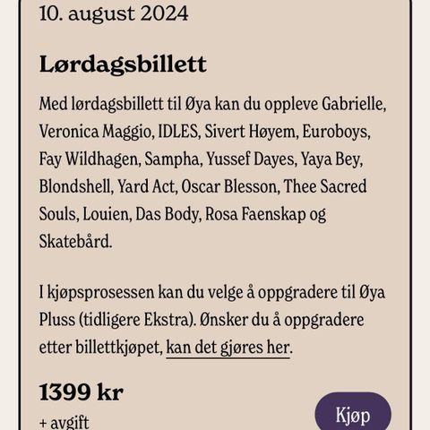 ØYA FESTIVAL    Lørdag 10. August 2 stk billetter Selges