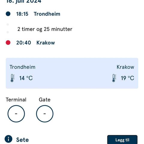 Flybillett fra Trondheim-Kraków 18.07.2024 til 
1 person