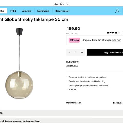 Moderne Northlight Globe Smokey taklampe