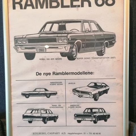 A4 Ramme Med reklame for Rambler 1968  biler selges for kr 50