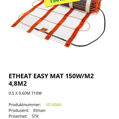 ETHEAT EASY MAT 150W/M2 4,8M2 varmekabel.