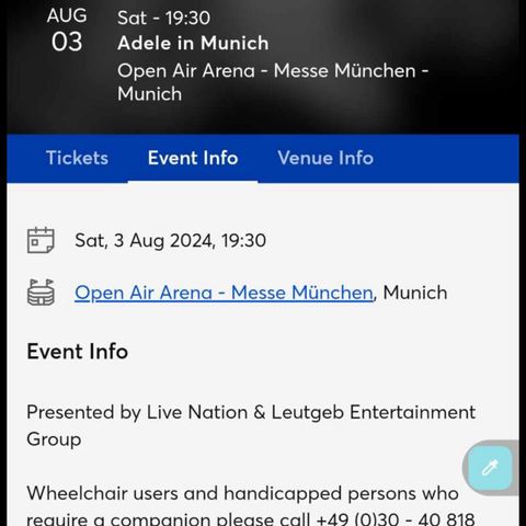4stk konsertbilletter til Adele i Munchen (3.Aug)
