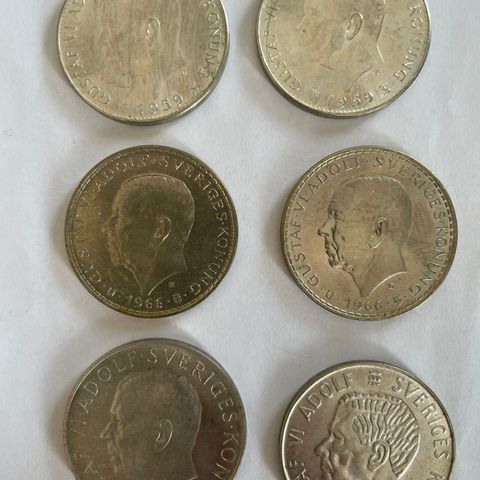 Lot svenske sølvmynter (5 kronor x 6)