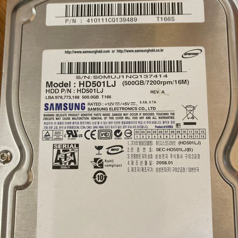 Samsung HD501LJ 500GB harddisk selges for kun kr. 200,-