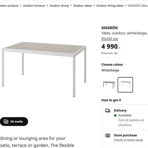 IKEA SEGERÖN Table, outdoor, white/beige, 91x147 cm