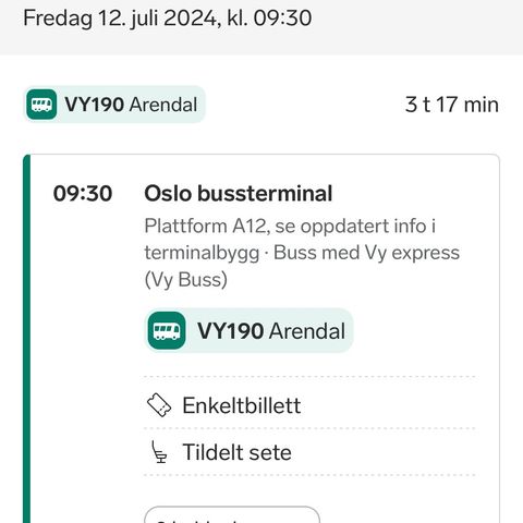 Bussbillett fra Oslo - Vinterkjær. 12. juli