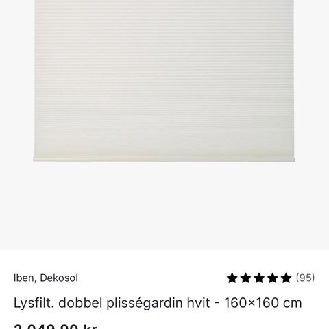 Lysfilt. dobbel plisségardin hvit - 160x160 cm