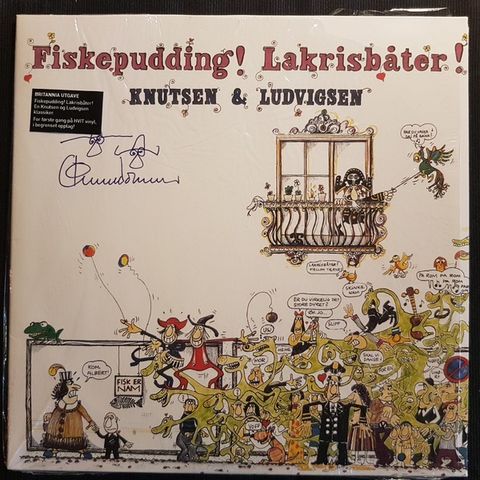 Knutsen & Ludvigsen - «Fiskepudding! Lakrisbåter!» sign hvit vinyl