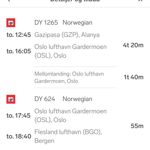 Flybillett fra Gazipaza via Oslo til Bergen 18.07.24